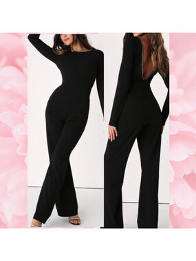 LULU'S XS Dash of Sparkle Black Rhinestone Long Sleeve Backless Jumpsuit 0B8